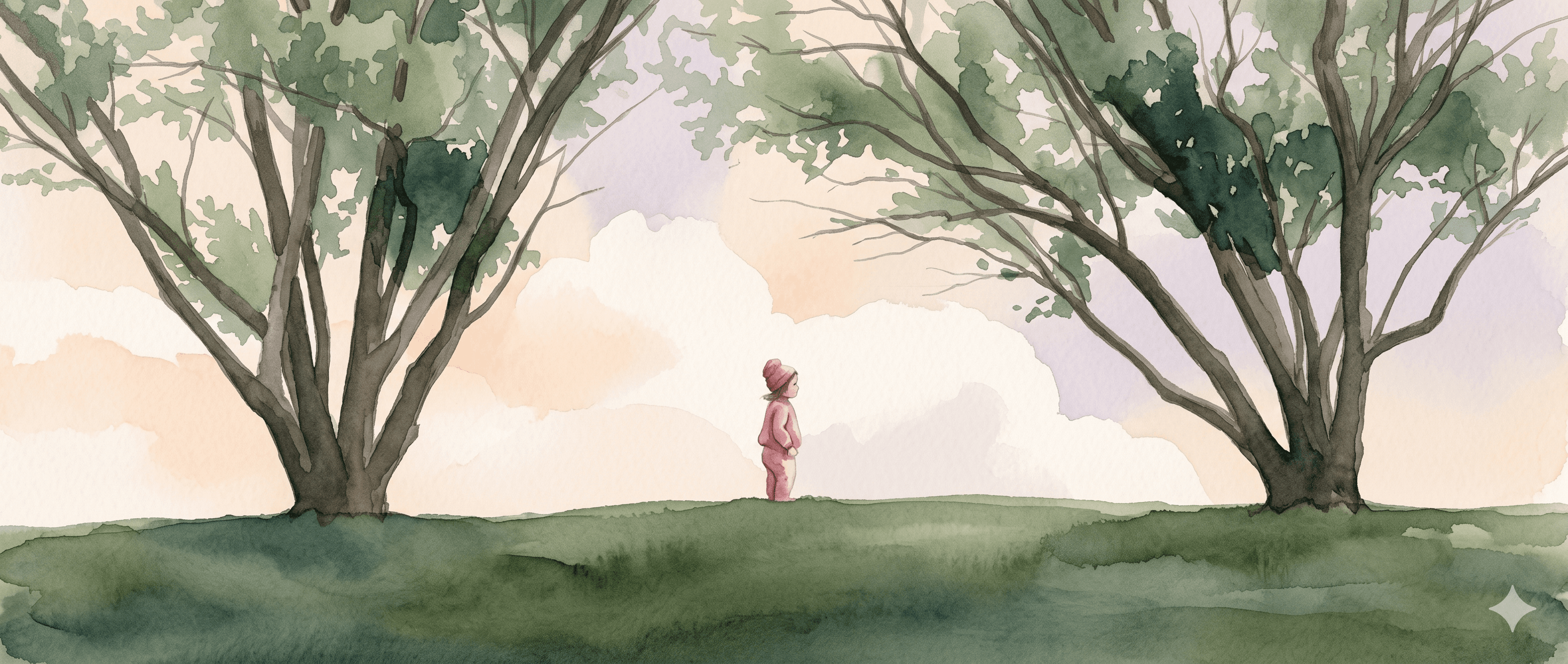 Watercolor — a small figure standing on a green hill between two large trees, pastel sky above.